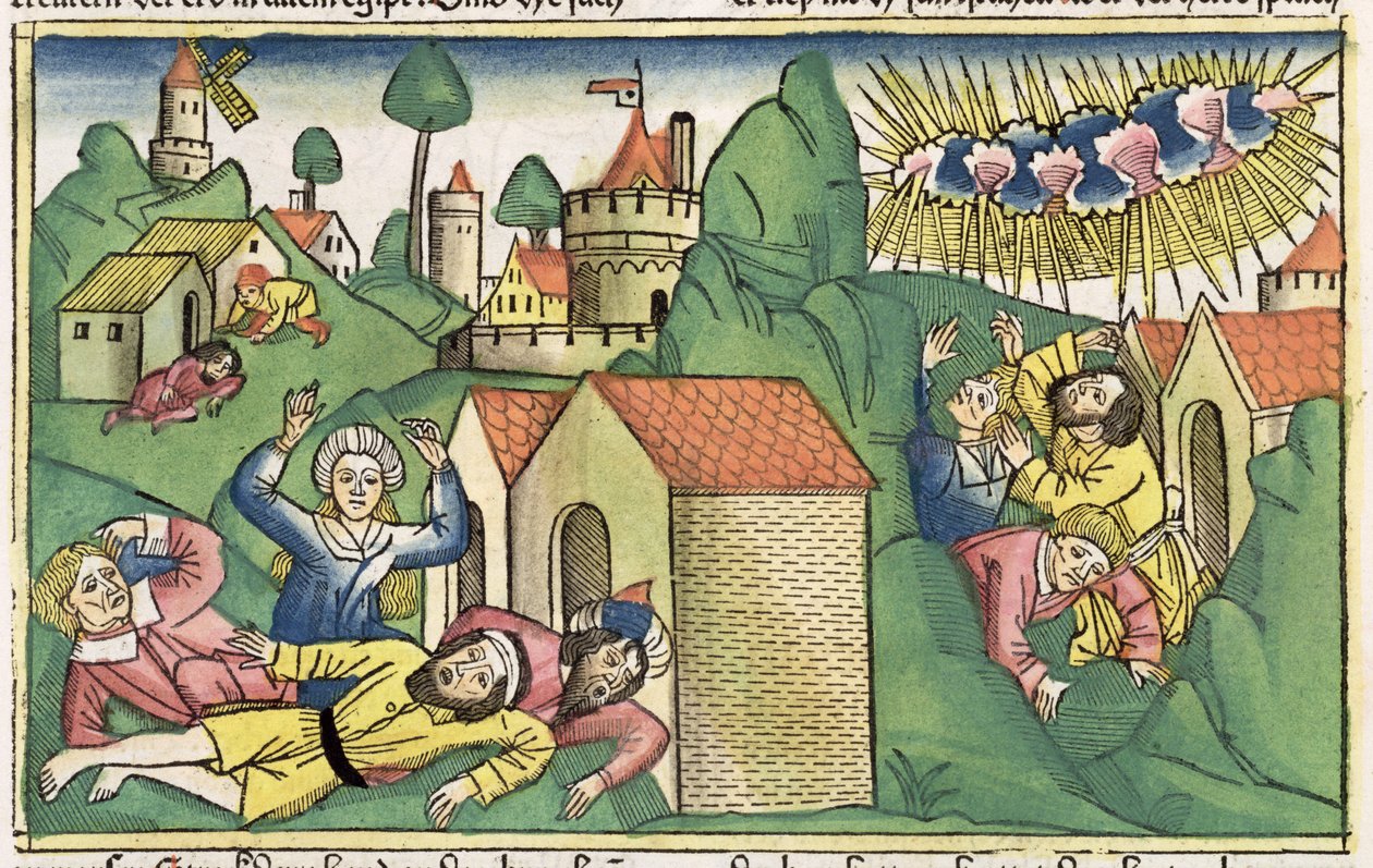 خروج 11 1-10 الضربات السبع في مصر: وفاة الأبناء الأكبر من الكتاب المقدس نورمبرغ (Biblia Sacra Germanaica) (قطع خشبية ملونة) بواسطة المدرسة الألمانية