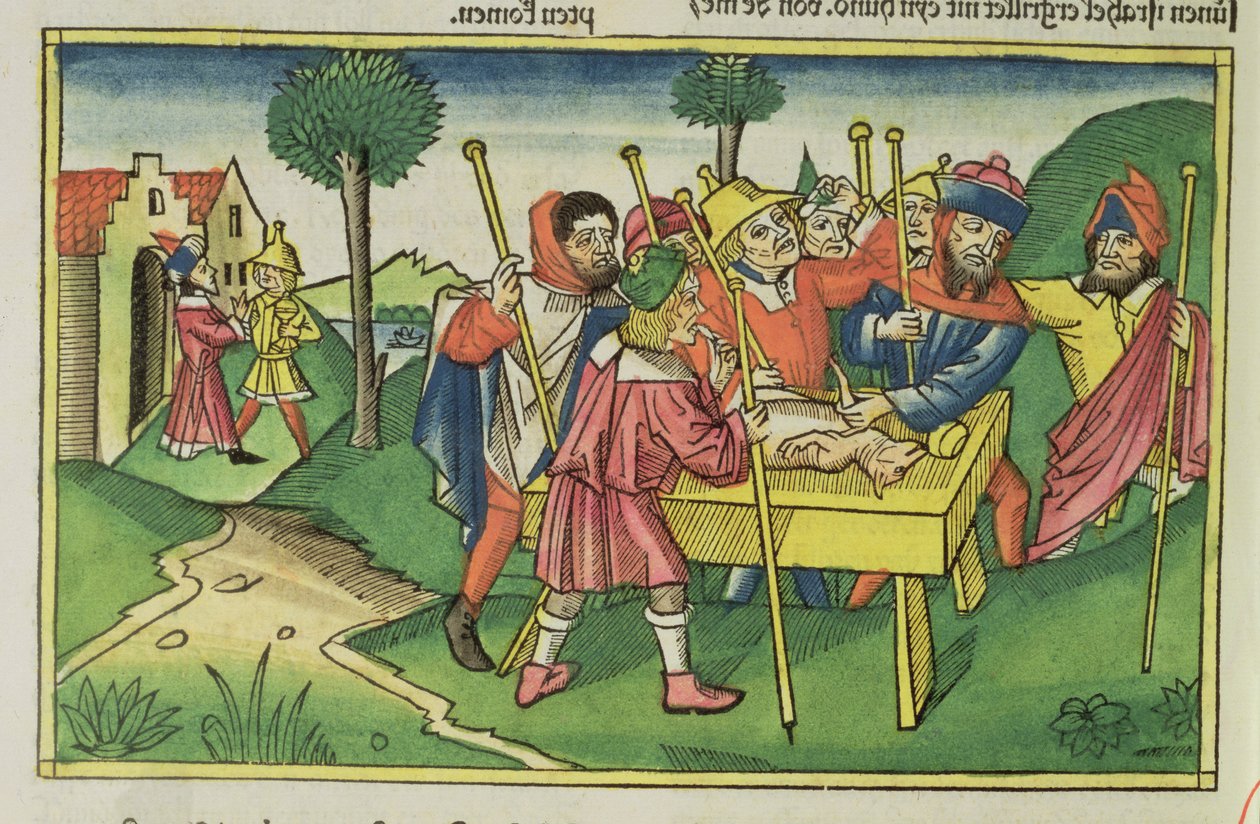 خروج 12 الفصح الأول ، من الكتاب المقدس نورمبرغ (Biblia Sacra Germanaica) (قطع خشبية ملونة) بواسطة المدرسة الألمانية