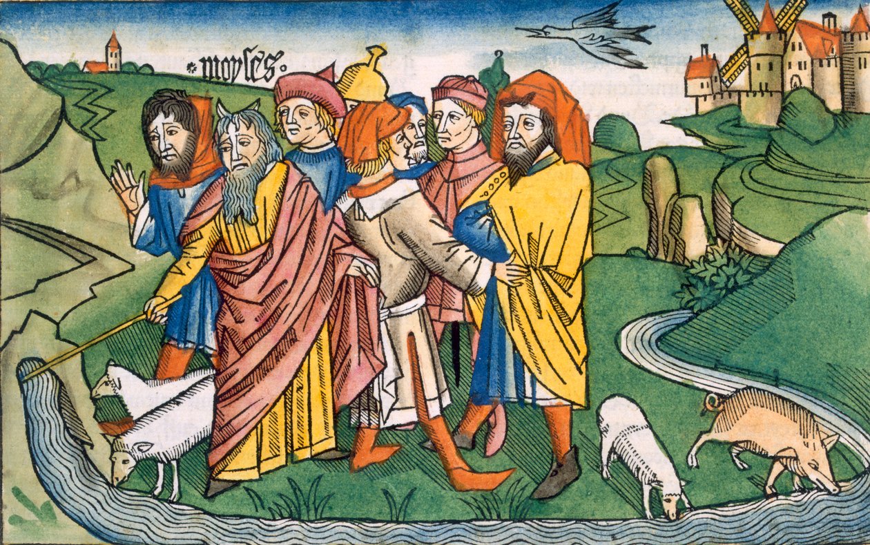 خروج 17 1-7 موسى يجعل تدفق المياه من صخور حارب ، من الكتاب المقدس نورمبرغ (Biblia Sacra Germanaica) (قطع خشبية ملونة) بواسطة المدرسة الألمانية