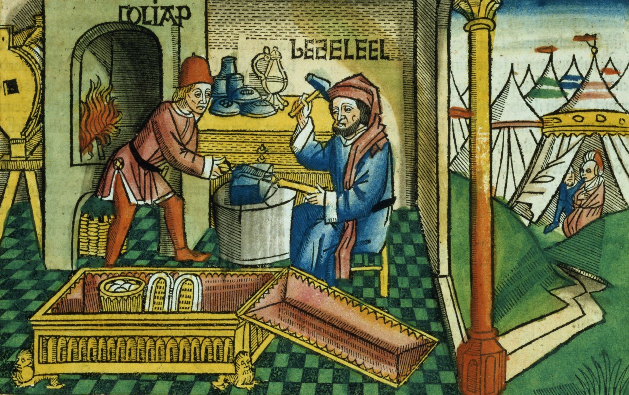خروج 31 2-8 بتسلئيل وأولياب يصنعان تابوت العهد ، من الكتاب المقدس نورمبرغ (Biblia Sacra Germanaica) (قطع خشبية ملونة) بواسطة المدرسة الألمانية