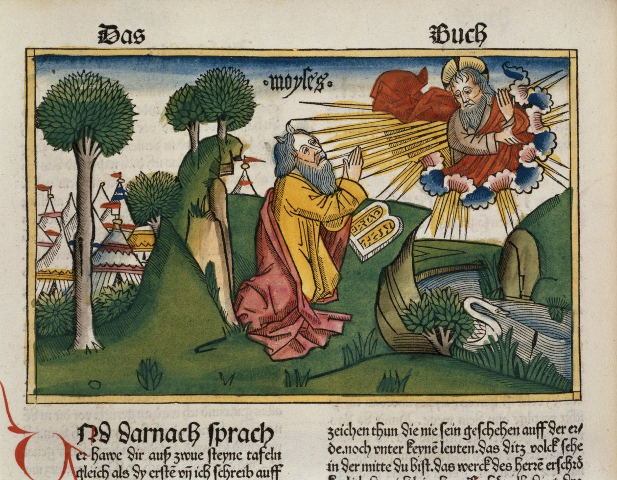 خروج 34 1-10 موسى يتلقى اللوح الثاني مع الوصايا العشر ، من الكتاب المقدس نورمبرغ (Biblia Sacra Germanaica) (قطع خشبية ملونة) بواسطة المدرسة الألمانية