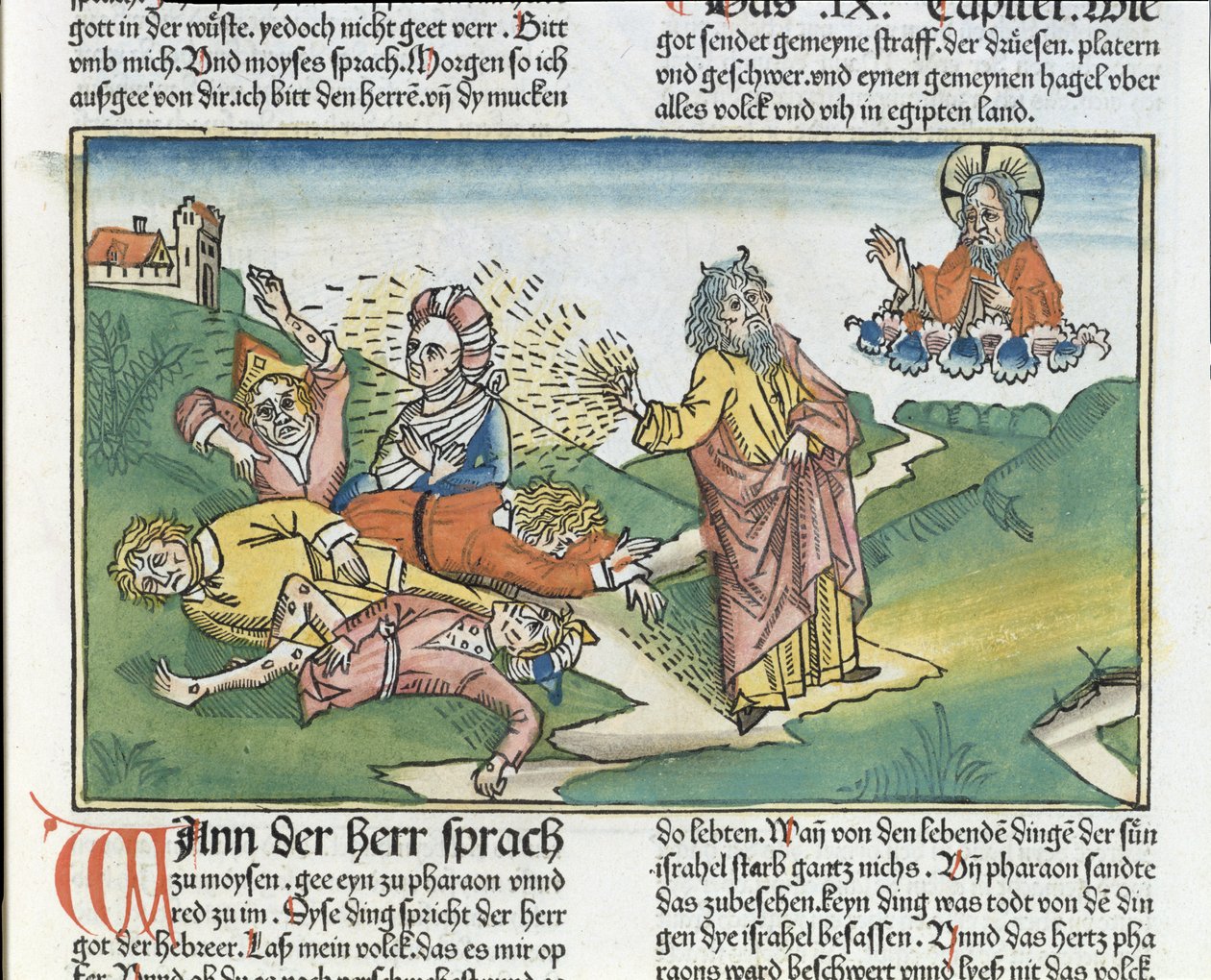 خروج 9 8-12 الضربات السبع في مصر: موسى وطاعون الدمامل ، من الكتاب المقدس نورمبرغ (Biblia Sacra Germanaica) (قطع خشبية ملونة) بواسطة المدرسة الألمانية