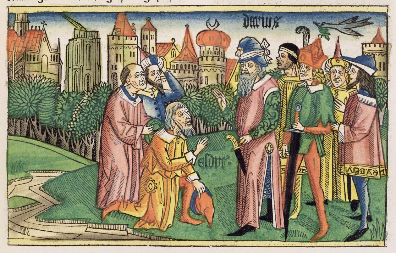 عزرا 6 16 معبد القدس مكرس من قبل الملك داريوس ، من الكتاب المقدس نورمبرغ (Biblia Sacra Germanaica) (قطع خشبية ملونة) بواسطة المدرسة الألمانية