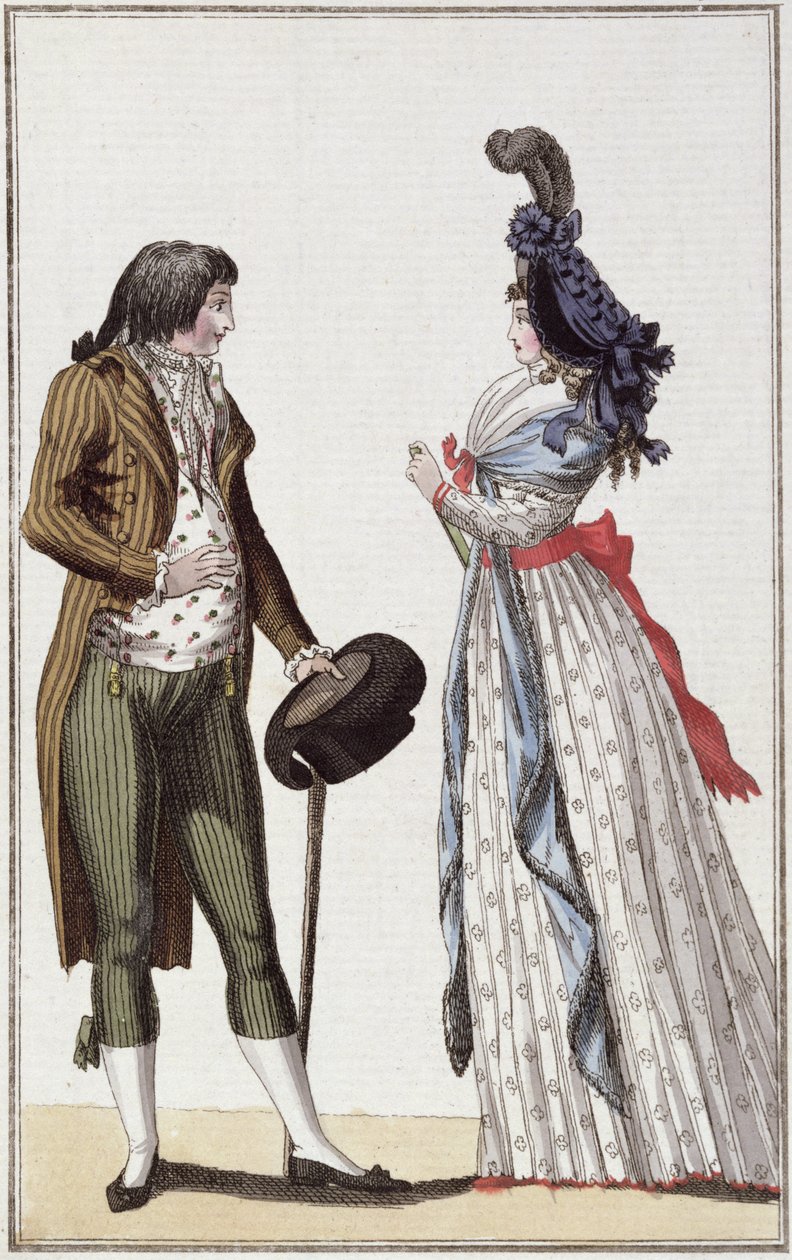 زوجين عصريين من فترة Directoire (1795-1799) (نقش الألوان) بواسطة المدرسة الألمانية