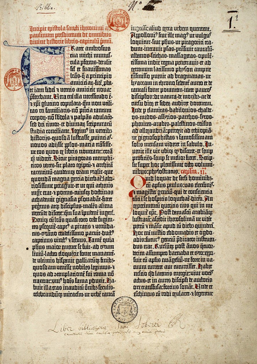أُعدت الصفحة الأولى من الكتاب المقدس باللاتينية (vulgate) لغوتنبرغ في ماينز 1452 - 1454. بداية عهد القديس جيروم للكاهن بولين يتناول جميع كتب الكتاب المقدس. بواسطة المدرسة الألمانية