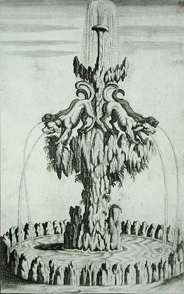 نافورة بها كلاب ، من "أركيتكتورا كوريوسا نوفا" ، بقلم جورج أندرياس بوكلر (1617-1685) ، نُشرت عام 1704 (نقش) بواسطة المدرسة الألمانية