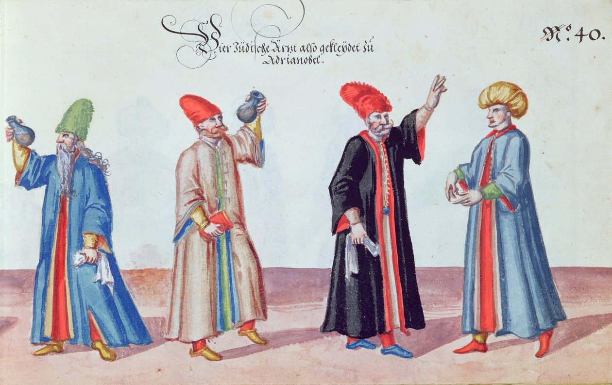 أربعة أطباء يهود من أدريانوبل ، تركيا ، c.1600 (مرحاض على ورق) بواسطة المدرسة الألمانية