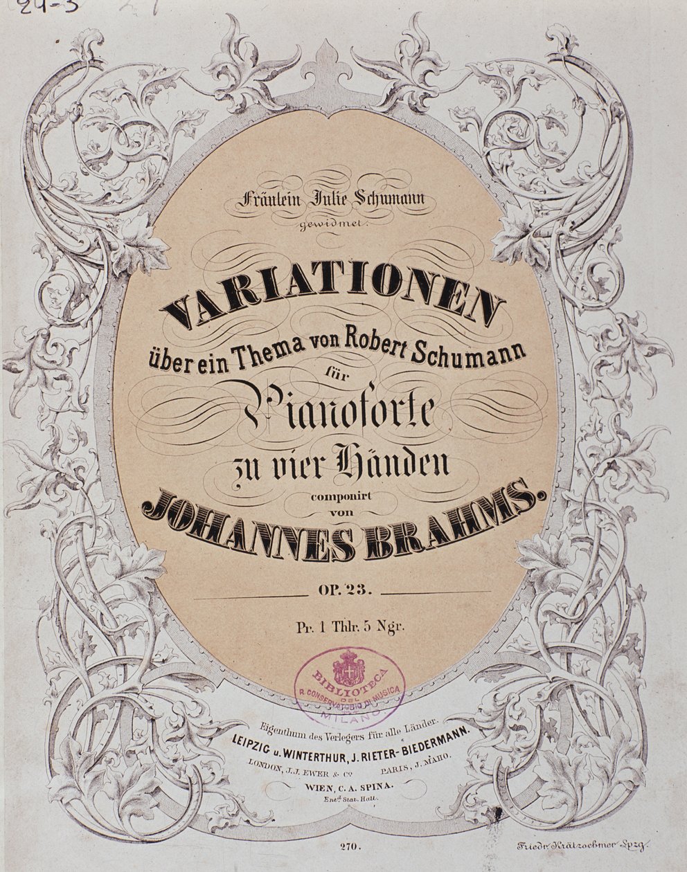 واجهة كتاب "الاختلافات حول موضوع بقلم روبرت شومان" (المرجع 23) بقلم يوهانس برامز (1833-1897) بواسطة المدرسة الألمانية