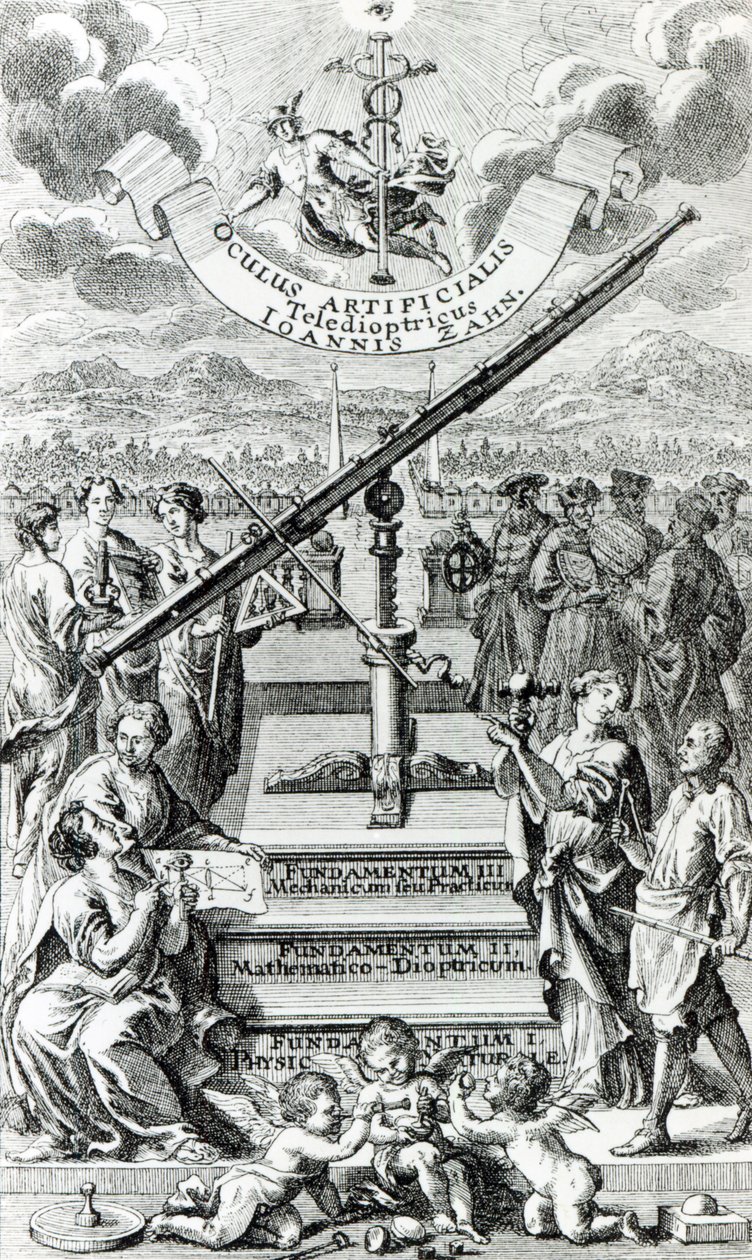 Frontispiece to Oculus Artificialis Teledioptricus Sive Telescopium بواسطة يوهان زان ، الطبعة الثانية التي نشرت في عام 1702 بواسطة المدرسة الألمانية