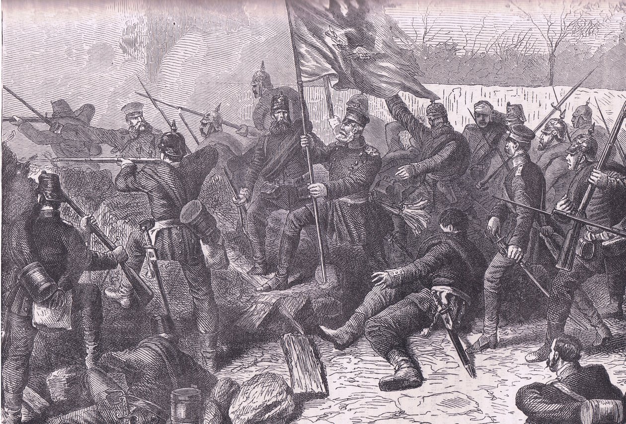 الجنرال فون بودريتسكي يقود الهجوم على Le Bourget ، Cassells History of the War بين فرنسا وألمانيا الذي نشرته Cassell and Company Limited ، c1890 (litho) بواسطة المدرسة الألمانية