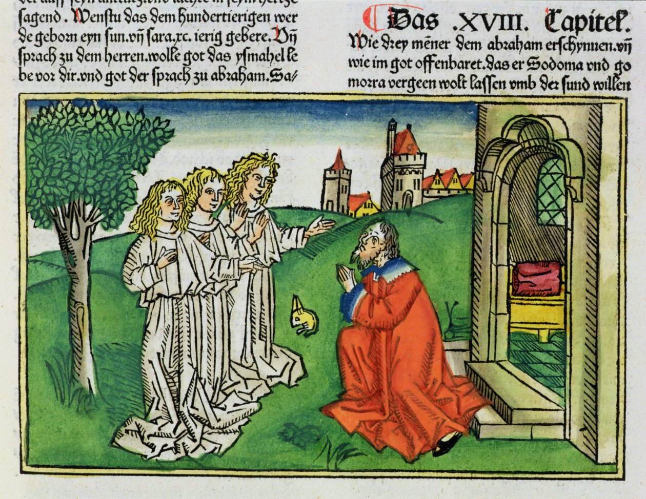 تكوين 18 2 إبراهيم والملائكة الثلاثة ، من الكتاب المقدس نورمبرغ (Biblia Sacra Germanaica) (قطع خشبية ملونة) بواسطة المدرسة الألمانية