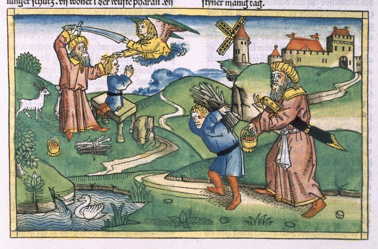 تكوين 21 1-14 أبراهام يقدم إسحاق ، من الكتاب المقدس نورمبرغ (Biblia Sacra Germanaica) (قطع خشبية ملونة) بواسطة المدرسة الألمانية