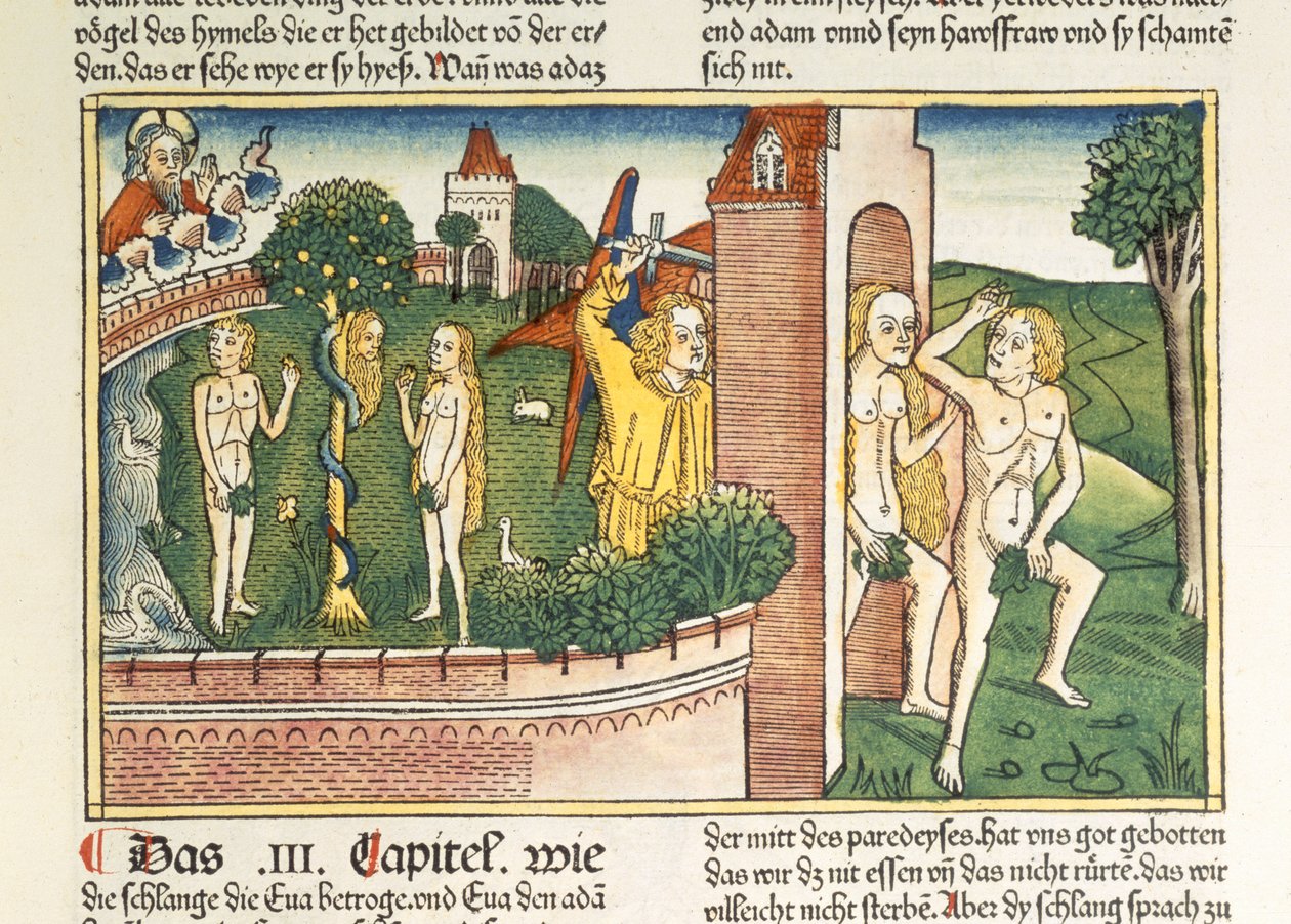 تكوين 3 1-24 الإغراء والطرد من الجنة ، من الكتاب المقدس نورمبرغ (Biblia Sacra Germanaica) (قطع خشبية ملونة) بواسطة المدرسة الألمانية