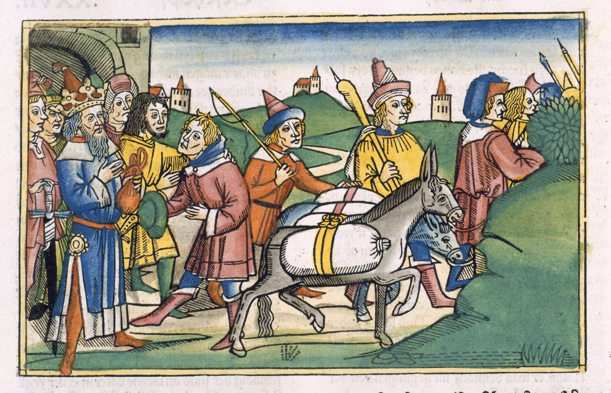 تكوين 41 14-24 حلم فرعون ، من "نورمبرغ الكتاب المقدس (بيبليا ساكرا جيرمانيكا)" (نقش خشبي ملون) بواسطة المدرسة الألمانية