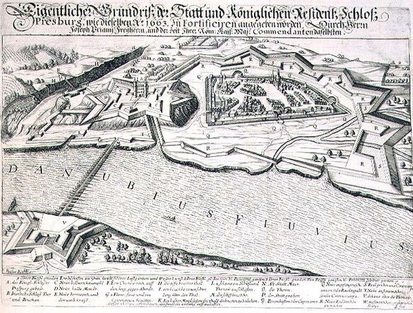 مخطط أرضي لمدينة وقلعة بريسبورغ وتحصيناتها في عام 1663 ، رسم توضيحي من كتاب عن الحملات العثمانية في أوروبا ، نقش بواسطة بول فورست (1605-66) (نقش) بواسطة المدرسة الألمانية