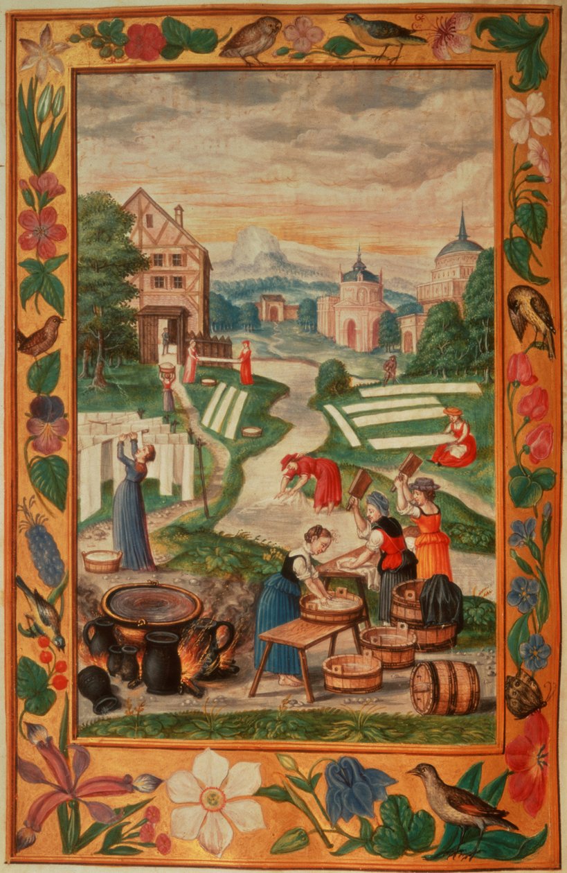 Harl 3469 f.32v امرأة تعمل في غسيل الملابس ، من "Splendor Solis" للمخرج Salomon Trismosin بواسطة المدرسة الألمانية