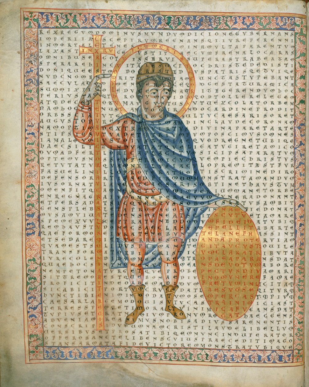 هارلي 3045 الصفحة 2 ، الإمبراطور لويس الأول ، الورع ، يحمل صليبًا ودرعًا ، من De Laudibus Sancte Crucis ، حوالي 1170-79 (ورق) ؛ بواسطة المدرسة الألمانية