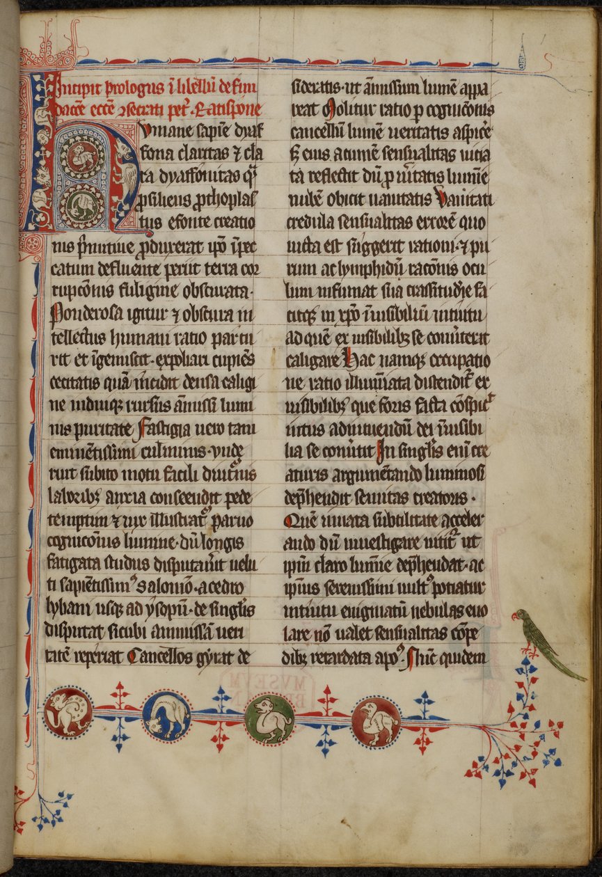 Harley 3973 f.1 ، الحرف الأول المأهول بالسكان (umane) مع مخلوقات هجينة وقلم مزدهر يشكل حدودًا ثلاثية الجوانب (رق) بواسطة المدرسة الألمانية