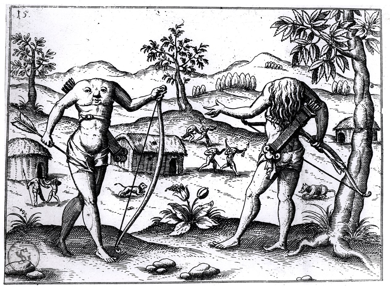 رجال ونساء بلا رأس ، توضيح من حساب السير والتر راليس لغيانا ، نُشر في نورمبرغ ، 1599 بواسطة المدرسة الألمانية