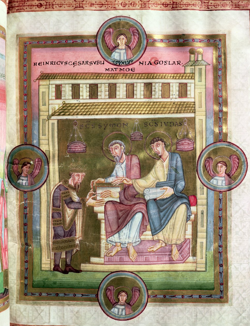 هنري الثالث (1017-56) مع الرسل سيمون وجود ، من Codex Caesareus Upsaliensis ، c.1045 بواسطة المدرسة الألمانية