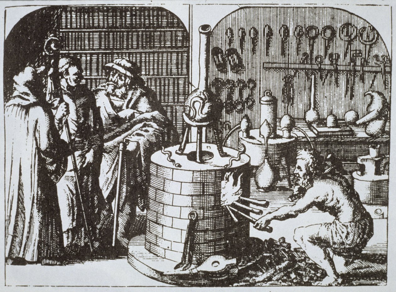 المحكمون الفلاسفة والكيميائي ، من متحف Hermeticum بواسطة مايكل ماجر (1625) موضحة في تاريخ السحر المنشور في أواخر القرن التاسع عشر بواسطة المدرسة الألمانية