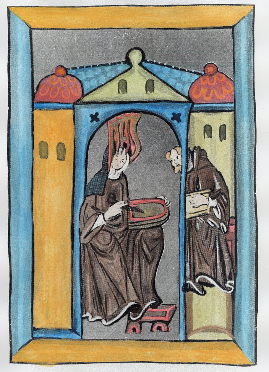 Hildegard من Bingen تلقي الضوء من السماء ، c.1151 (تلوين لاحق) بواسطة المدرسة الألمانية