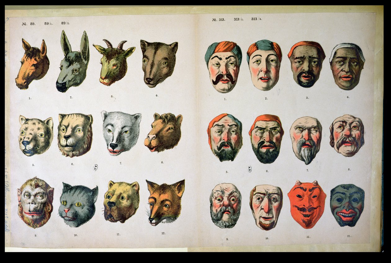 أقنعة كرنفال الإنسان والحيوان ، صفحة من كتالوج الشركات المصنعة من Mannebach ، Thuringe ، ألمانيا ، c.1865 بواسطة المدرسة الألمانية