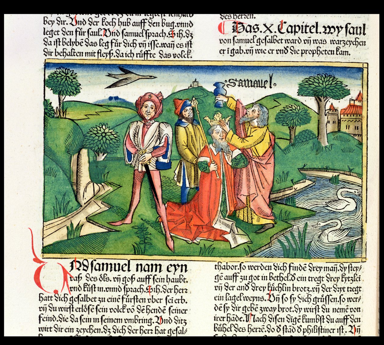 أنا صموئيل 10 تتويج ومسح شاول ، من الكتاب المقدس نورمبرغ (Biblia Sacra Germanaica) (قطع خشبية ملونة) بواسطة المدرسة الألمانية