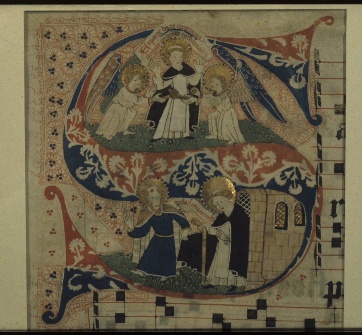 حرف S مضاء من Antiphon (فرشاة ، حبر ، ألوان مائية وأوراق ذهبية على ورق رقيق) بواسطة المدرسة الألمانية