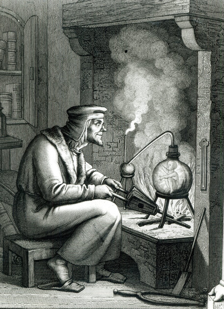 رسم توضيحي من Goethes Faust يصور Mephistopheles الذي يخلق لوزة ، 1854 بواسطة المدرسة الألمانية