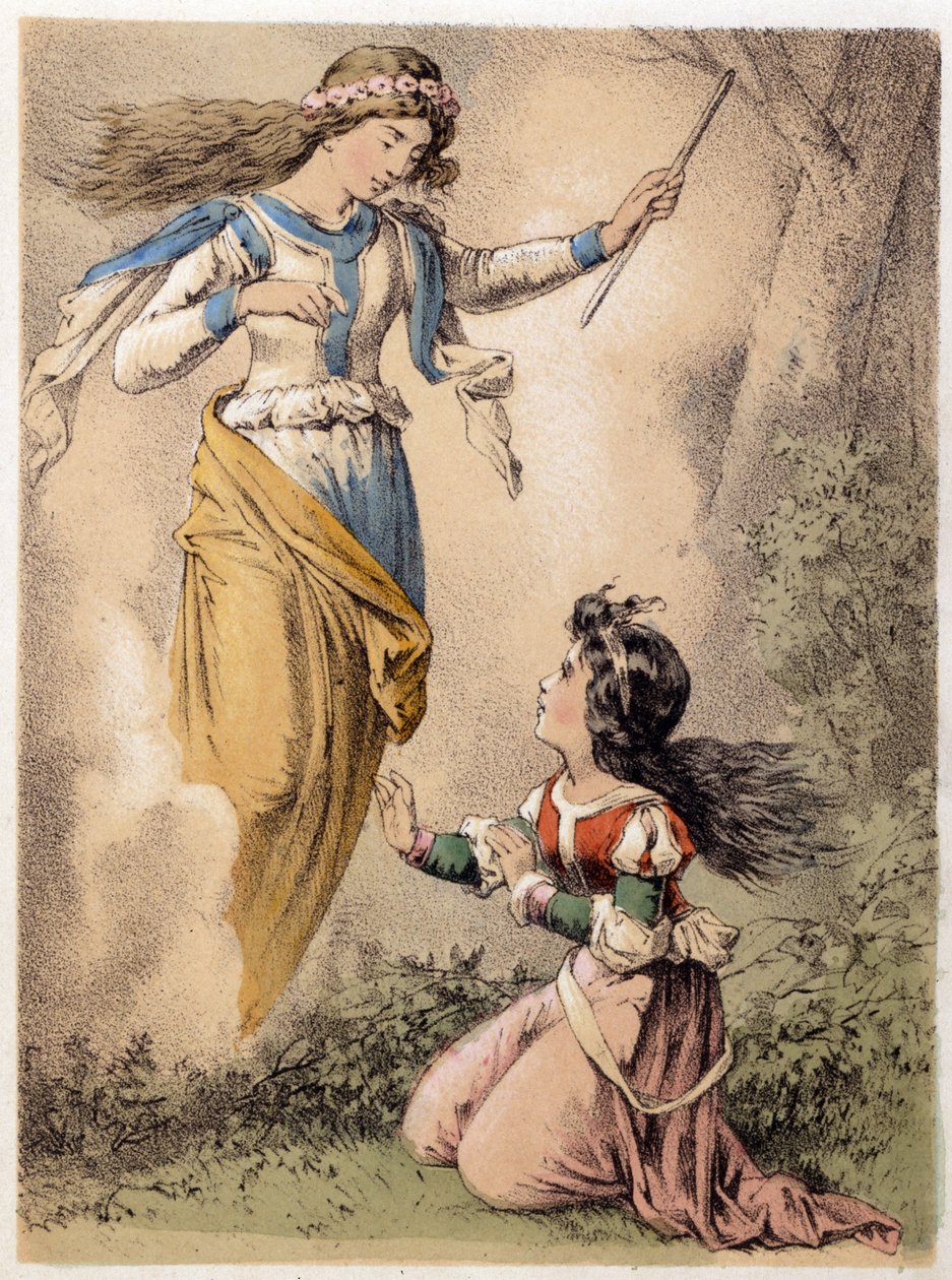 رسم توضيحي لحكايات فرانز هوفمان "" حكايات وأساطير - الهدايا الثلاث ": الرغبة التي حققتها إحدى الجنيات. الطباعة الحجرية الملونة في القرن التاسع عشر. بواسطة المدرسة الألمانية
