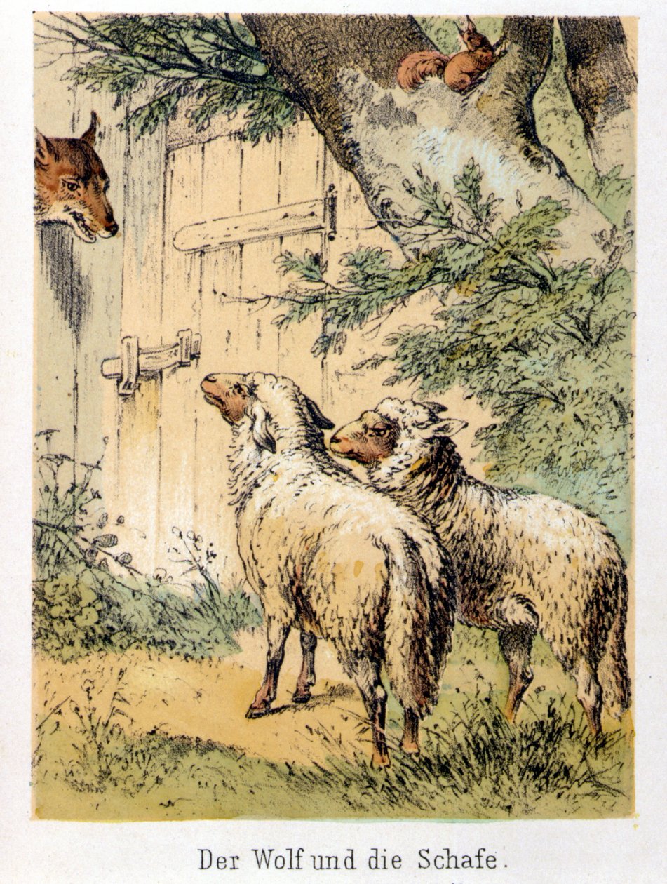 رسم توضيحي لحكايات فرانز هوفمان "" حكايات وأساطير - الذئب والأغنام ": ذئب يتحدث مع الخروفين. الطباعة الحجرية الملونة في القرن التاسع عشر. بواسطة المدرسة الألمانية