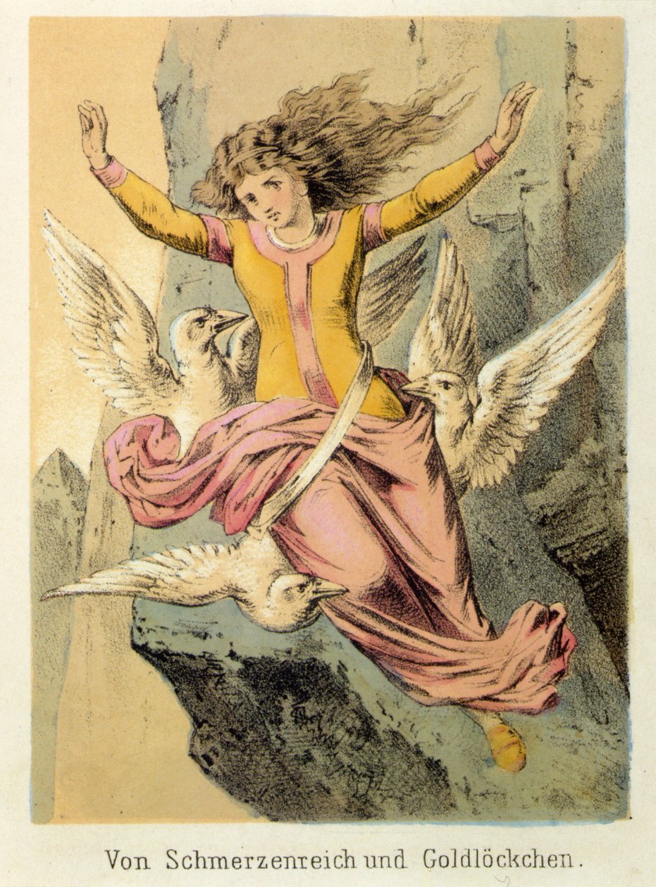 رسم توضيحي لحكايات فرانز هوفمان "" حكايات وخرافات - Von Schmerzenreich und Goldl¿kchen ": امرأة محاطة بثلاثة طيور. الطباعة الحجرية الملونة في القرن التاسع عشر. بواسطة المدرسة الألمانية
