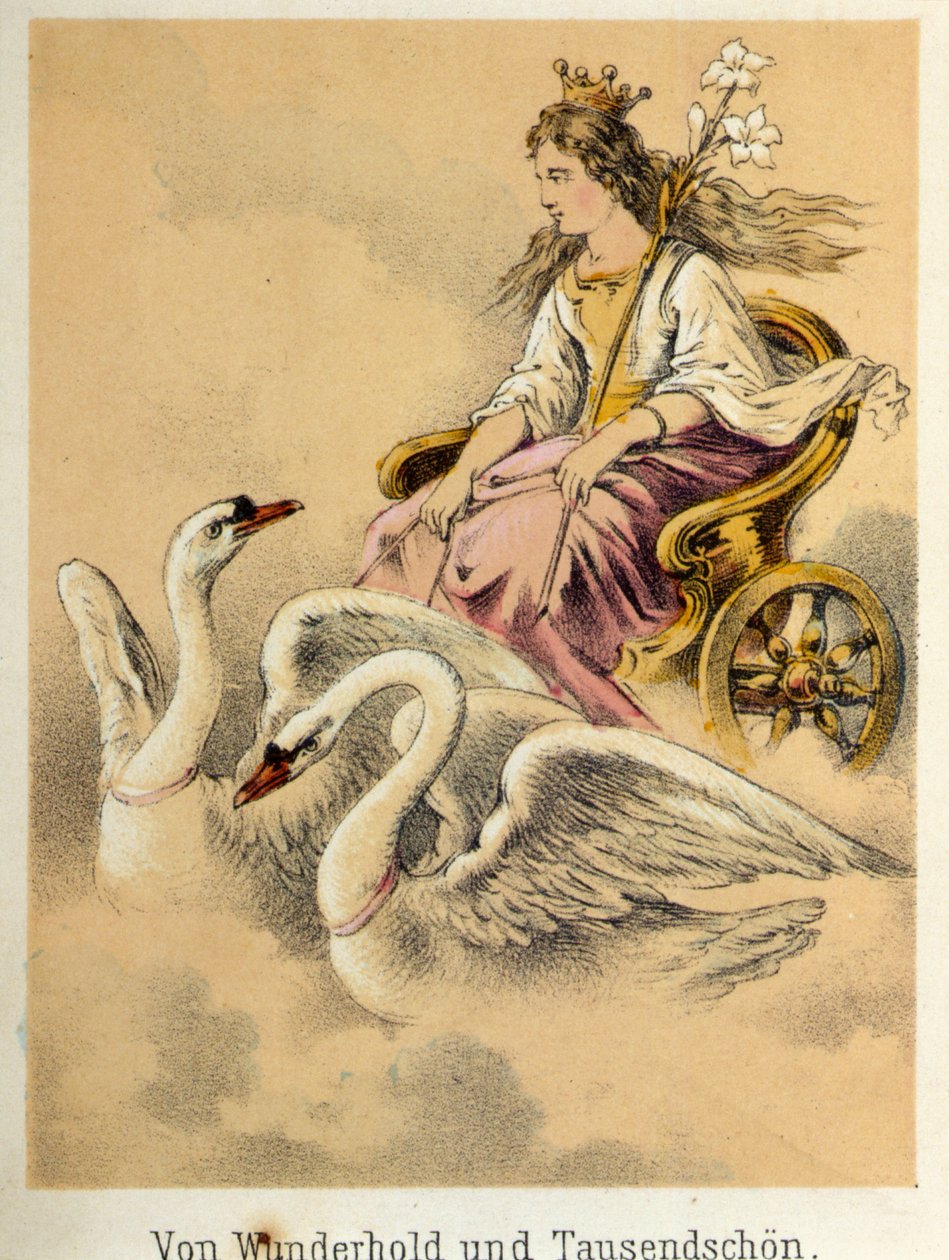 رسم توضيحي لحكايات فرانز هوفمان "" حكايات وخرافات - Von Wunderhold und Tausendsch¿n ": عربة تحمل آلهة طلقة بجعتين. الطباعة الحجرية الملونة في القرن التاسع عشر. بواسطة المدرسة الألمانية