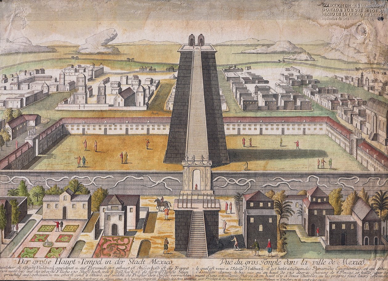 Imaginary reconstruction of the Main Temple (Templo Mayor) at Mexico City (coloured engraving) بواسطة المدرسة الألمانية