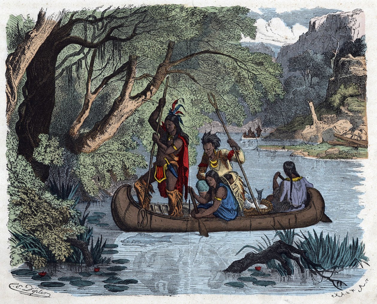 هنود يصطادون على متن زورق على نهر في أمريكا. في "" Wenn Jemand eine Reise thut، so kann er was erzahlen "" (عندما يسافر شخص ما ، هذا ما يمكنه قوله) ، قصة ألمانية بقلم فرانز فيدمان بواسطة المدرسة الألمانية