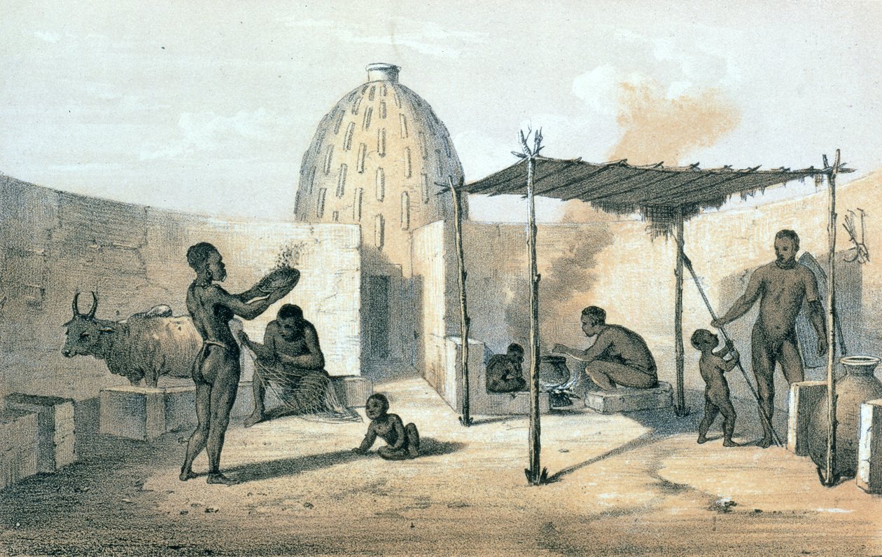 الجزء الداخلي من مسكن موسغو بالقرب من تشاد ، من "الرحلات والاكتشافات في شمال ووسط إفريقيا" للدكتور هاينريش بارث (1821-1865) (ليثو) بواسطة المدرسة الألمانية