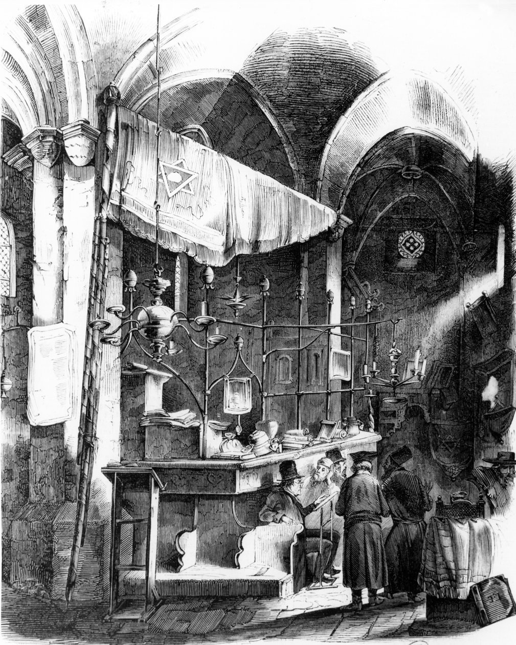 الجزء الداخلي من Altneuschule (كنيس قديم جديد) ، براغ ، 1852 بواسطة المدرسة الألمانية