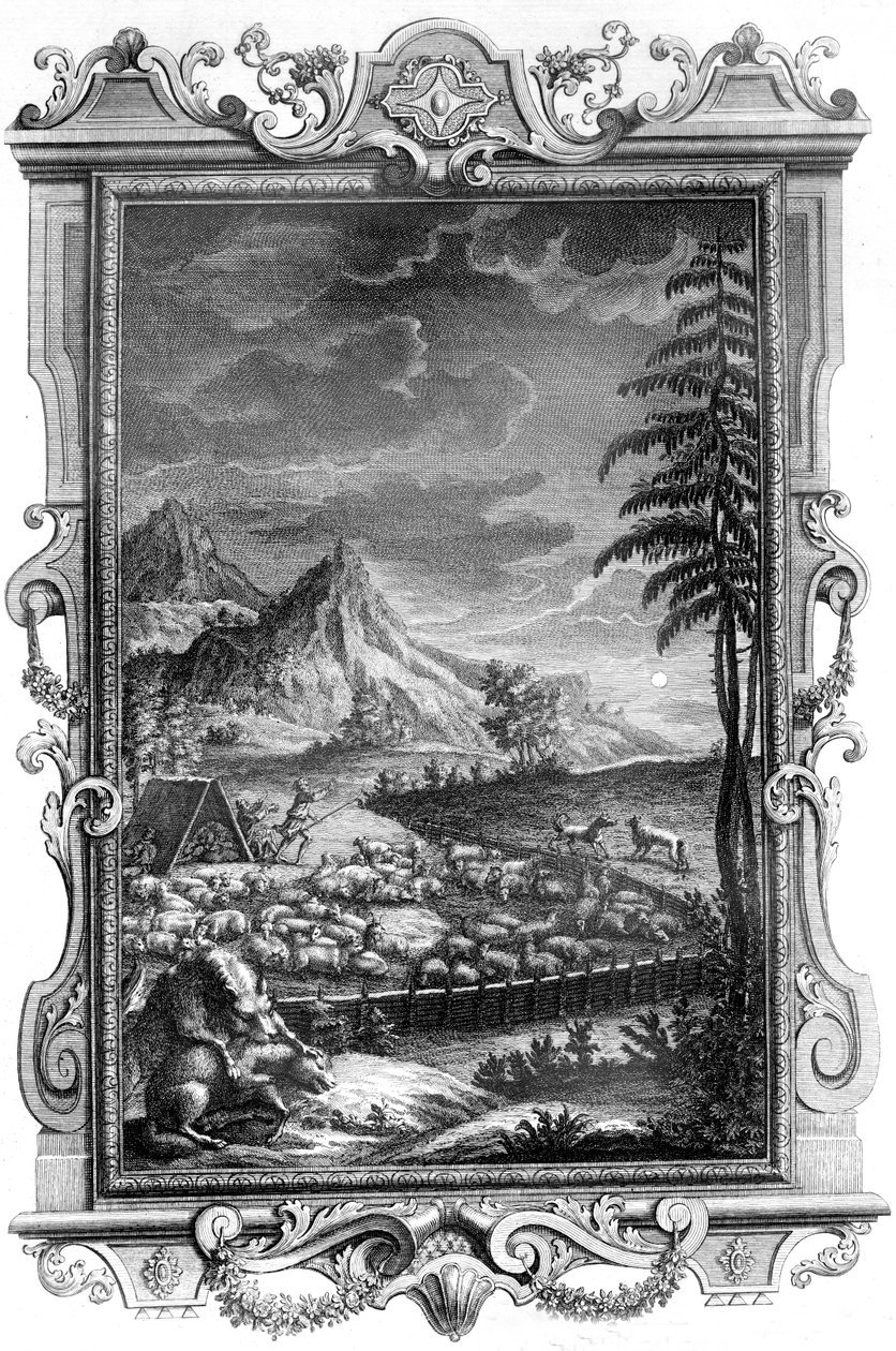 يعقوب ، الراعي المؤمن ، يحمي قطيعه من هجوم الذئاب ، 1731 (نقش على صفيحة نحاسية) بواسطة المدرسة الألمانية