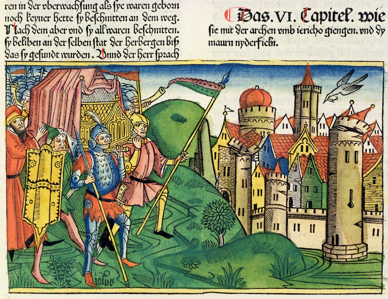 يشوع 6 4-21 سقوط أريحا ، من الكتاب المقدس نورمبرغ (Biblia Sacra Germanaica) (قطع خشبية ملونة) بواسطة المدرسة الألمانية