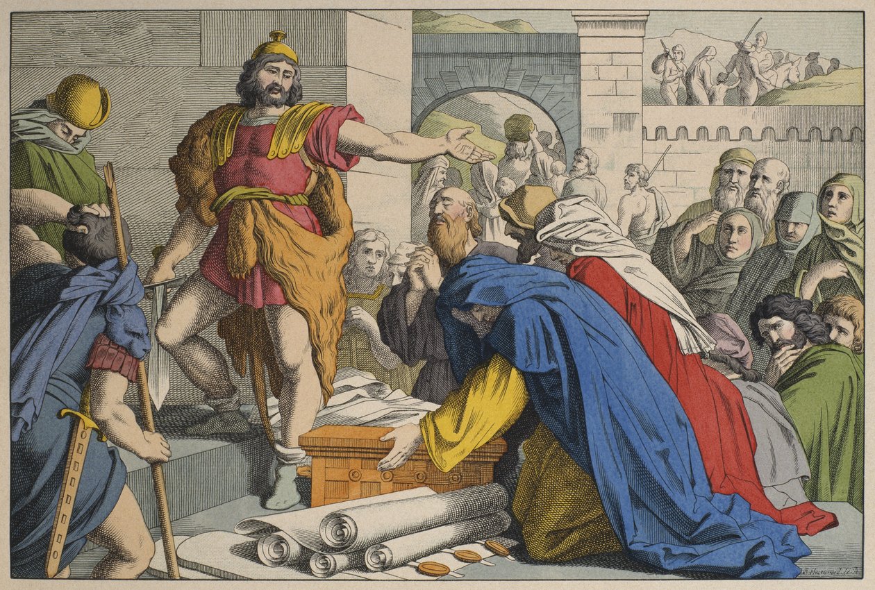 Judas Maccabeus at Maspha ، رسم توضيحي من عهد LAncien ، نشره Jakob Ferdinand Schreiber ، Esslingen (نقش الألوان) بواسطة المدرسة الألمانية