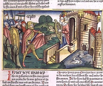 القضاة 11 29-40 ابنة يفتاح تحيي والدها ، من "نورمبرغ الكتاب المقدس (Biblia Sacra Germanaica)" (نقش خشبي ملون) بواسطة المدرسة الألمانية