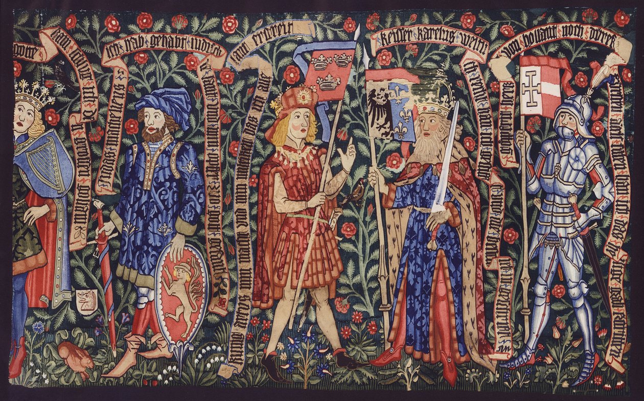 ملوك ونبلاء وفرسان، نسيج، بازل، حوالي عام 1490 (طباعة حجرية ملونة) بواسطة المدرسة الألمانية