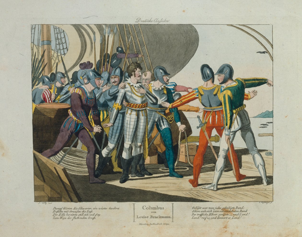 أرض ، أرض! وصول كريستوفر كولومبوس في أمريكا ، نشره فريدريش كامبي ، نورمبرغ ، c.1820 بواسطة المدرسة الألمانية