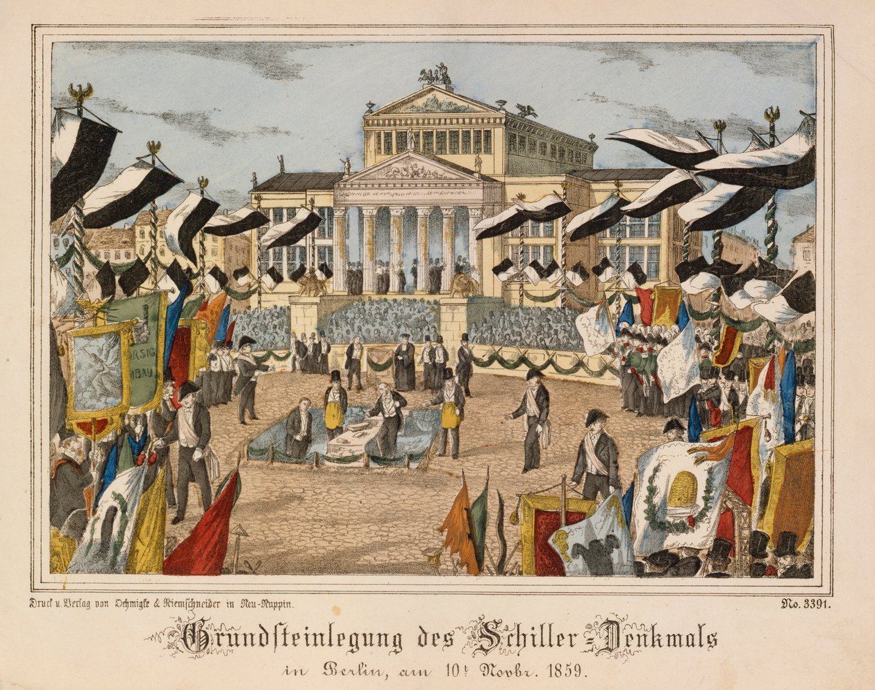 وضع حجر الأساس لنصب Schiller في Gendarmenmarkt ، برلين ، 10 نوفمبر 1859 ، مع Schauspielhaus في الخلفية ، من Neuruppiner Bilderbogen ، نشره Oehmigle & Ri بواسطة المدرسة الألمانية