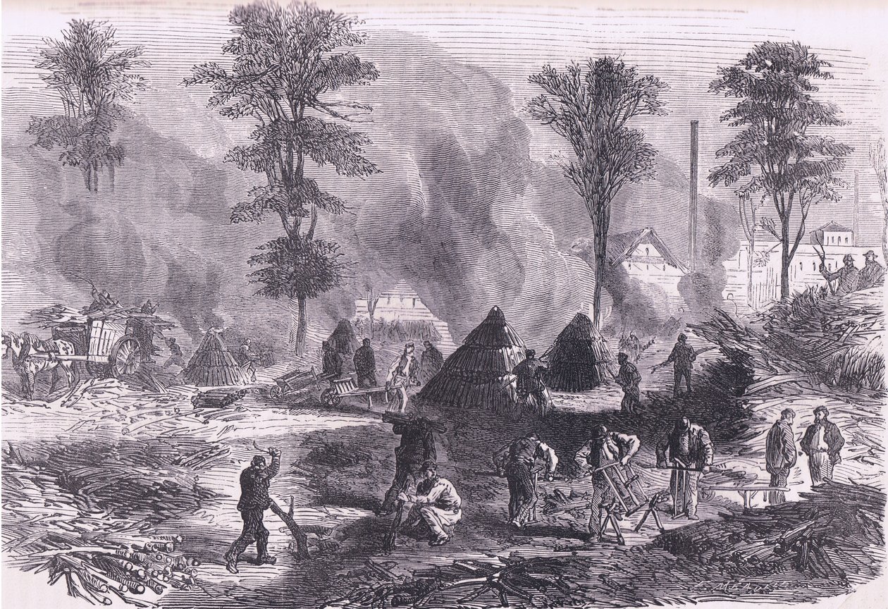 Making charcoal for gunpowder, Cassells History of the War between France and Germany published by Cassell and Company Limited, c.1890 (litho) بواسطة المدرسة الألمانية