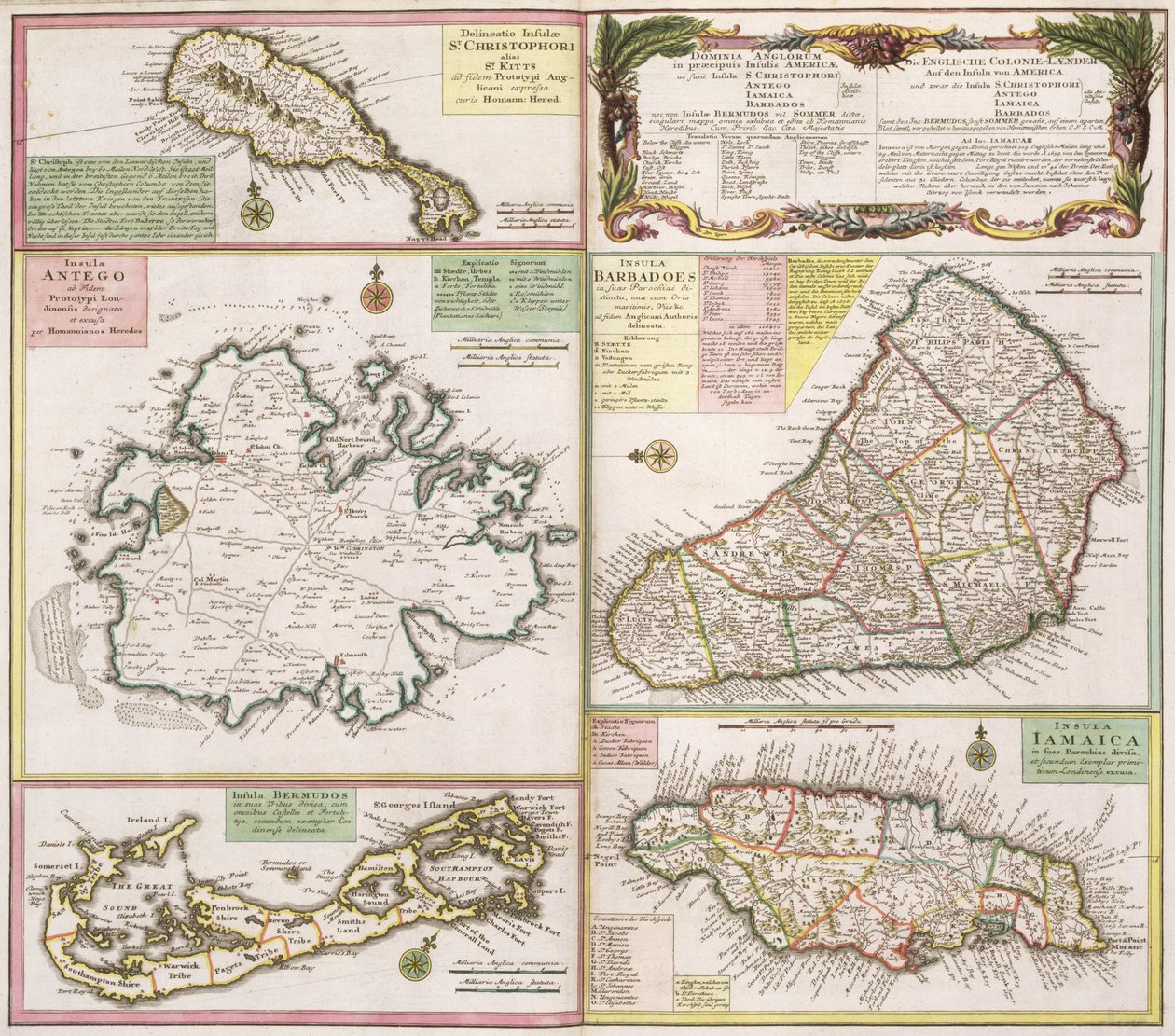 خريطة المستعمرات الإنجليزية في منطقة البحر الكاريبي ، حانة. بقلم Homanns Heirs ، نورمبرغ ، c.1750 (انظر 101837-38 لمزيد من التفاصيل) بواسطة المدرسة الألمانية