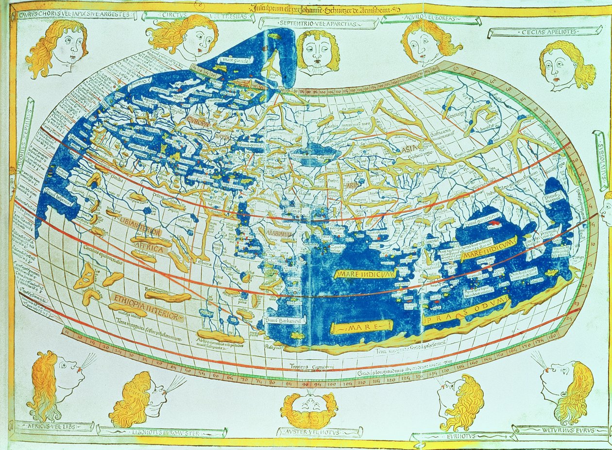 خريطة العالم ، بناءً على الأوصاف والإحداثيات الواردة في "Geographia" ، بواسطة بطليموس (كلوديوس بطليموس الإسكندري) (90-168 م) ، نُشرت في أولم ، ألمانيا بواسطة المدرسة الألمانية