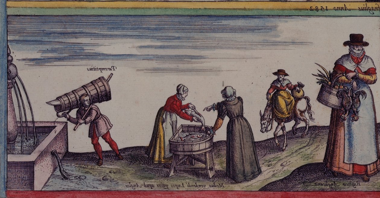 خرائط جيم 29 هـ. 1 نساء يقطعن الأسماك ، من "حضارات العالم" حوالي 1623 (رق) بواسطة المدرسة الألمانية