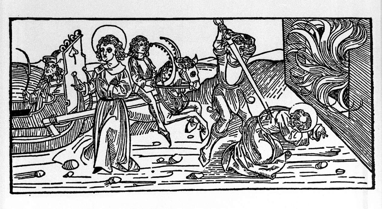 استشهاد القديس بوليكاربوس من سميرنا (69-155) ، إيفيك. نقش من "Leben der Heiligen - Sommsteil (كتاب القديس)" ليعقوب (جيمس) من Voragine (1228-1298) بواسطة المدرسة الألمانية